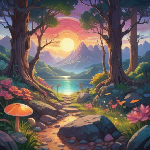 A vibrant illustration featuring a radiant aura of rainbow colors, a collection of lucky stones shimmering with various gemstones, a mystical landscape in the background, soft light illuminating the scene, enchanting atmosphere, intricate details on the stones, natural elements intertwined, ethereal vibes, 4k