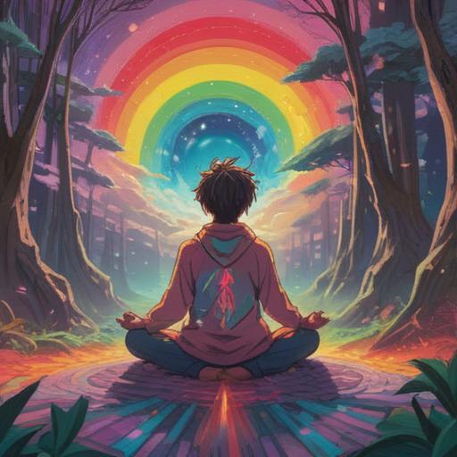 An ethereal scene depicting a person meditating surrounded by a vibrant, rainbow-colored aura, the aura radiating and shimmering with energy, surrounded by lush greenery and blooming flowers, soft light filtering through the trees, serene expression on the meditator's face, harmonious atmosphere, dynamic colors blending beautifully, 4k