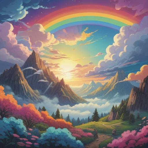 A vibrant illustration of a rainbow arching over fluffy white clouds, representing spiritual growth and transformation, ethereal light illuminating the scene, serene atmosphere, gentle waves of color blending harmoniously, soft sunlight breaking through the clouds, 4k
