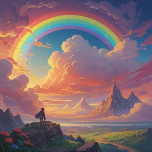 A vibrant illustration of rainbow-colored clouds in a serene sky, symbolizing spiritual good signs, ethereal light radiating from the clouds, lush green landscape below, tranquil atmosphere, soft sunlight breaking through, harmonious color palette, inviting and peaceful setting, 4k