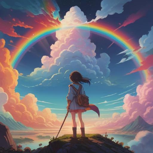 A vibrant scene depicting a rainbow-colored cloud appearing in the sky, surrounded by ethereal light, mystical aura, individuals gazing in awe, serene landscape below, symbolic elements representing spiritual signs, vivid colors, tranquil atmosphere, 4k