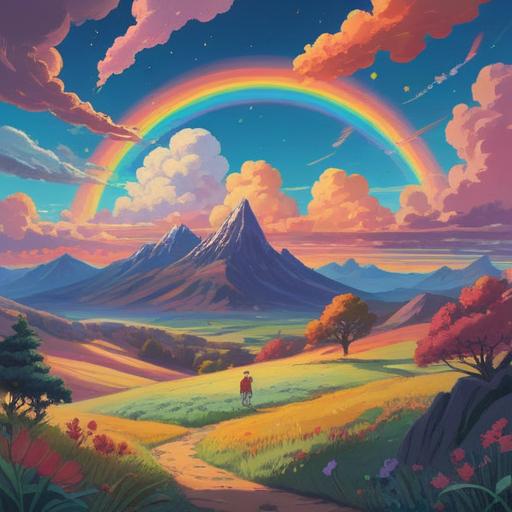 A vibrant scene showcasing a lucky charm after witnessing rainbow-colored clouds, a beautiful landscape with fluffy clouds in various shades of rainbow, a mystical aura surrounding a special item, captivating details and textures on the charm, serene sky with soft light, a feeling of wonder and positivity, 4k