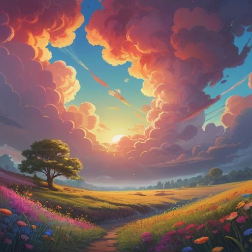 A vibrant landscape featuring multicolored clouds, symbolizing emotional richness and positivity, soft sunlight filtering through the rainbow clouds, lush green fields below, peaceful atmosphere, a person standing in awe, reflecting joy and tranquility, 4k