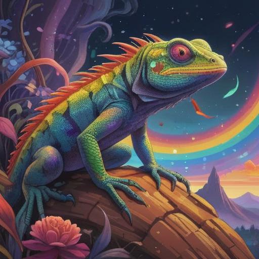 A vibrant lizard with rainbow-colored scales, symbolizing spiritual journeys and transformation, set against a mystical backdrop of swirling colors and ethereal light, surrounded by elements representing nature and harmony, capturing the essence of growth and renewal, 4k