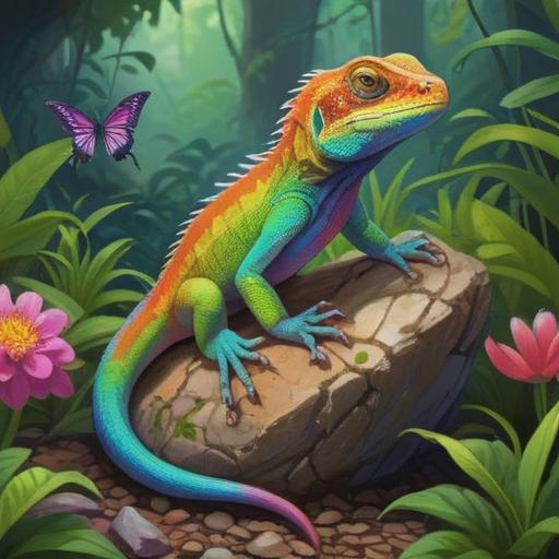 A vibrant rainbow-colored lizard sitting on a large smooth stone, surrounded by lush greenery and colorful flowers, radiating an aura of spirituality, sunbeams filtering through the leaves above, symbolizing good signs, intricate details on the lizard's scales, enchanting atmosphere, mystical vibes, 4k
