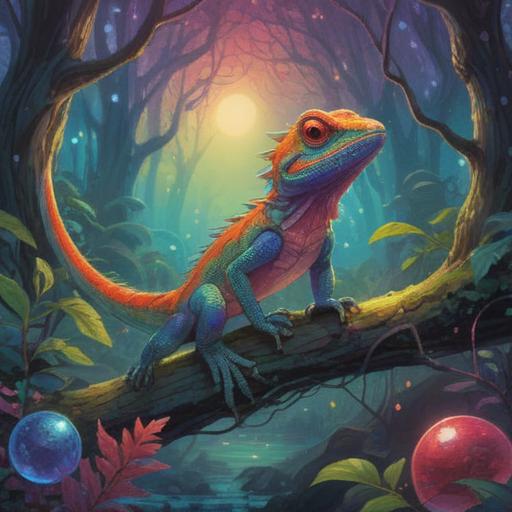 A vibrant rainbow-colored lizard emerging from a mystical forest, surrounded by glowing orbs, ethereal light filtering through the trees, symbolizing transformation and spiritual awakening, intricate details on the lizard's scales, serene nature setting, enchanting atmosphere, spiritual symbolism, 4k