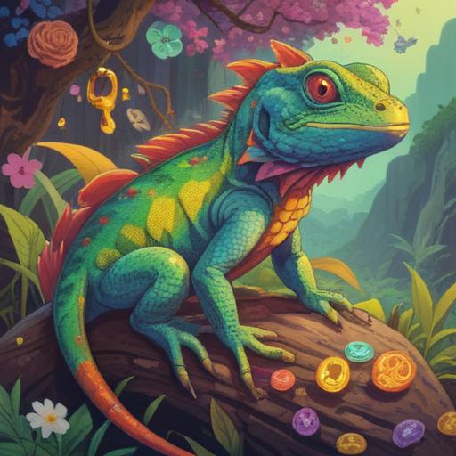 A vibrant scene depicting a colorful rainbow lizard, symbolizing good fortune, surrounded by various lucky charms, each representing different cultures, lush greenery in the background, a sense of wonder and positivity, intricate details on the lizard's scales, bright and cheerful colors, magical aura, 4k