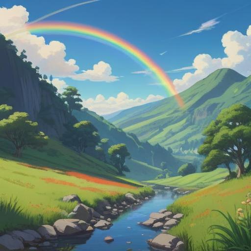A serene landscape featuring a vibrant rainbow arching across a clear blue sky, lush green hills in the foreground, a tranquil river reflecting the rainbow's colors, gentle sunlight illuminating the scene, a sense of peace and spiritual awakening, inviting figures gazing at the sky with smiles, flowers blooming vibrantly, a harmonious atmosphere, 4k