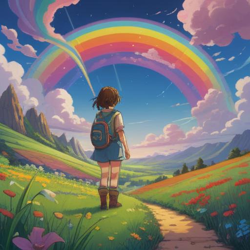 A whimsical illustration featuring a lucky charm associated with rainbows, vividly colored, radiant rainbow arcs in the sky, serene landscape below, cheerful characters celebrating under the rainbow, sparkling details, magical aura, vibrant atmosphere, 4k