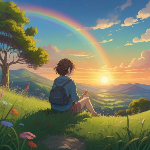 A serene scene depicting a person sitting peacefully on a grassy hill, gazing at a vibrant rainbow in the sky, soft sunlight filtering through clouds, gentle breeze rustling nearby flowers, calm expression reflecting inner peace, nature surrounding them, soothing colors, tranquil atmosphere, 4k