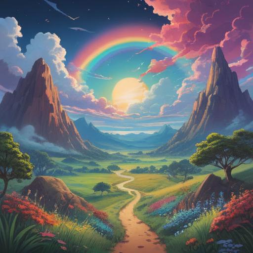 A surreal dreamscape featuring a vibrant rainbow arching across a clear sky, ethereal clouds floating gently, a serene landscape below with lush greenery and tranquil waters, symbolic elements like butterflies and flowers representing hope and transformation, soft light illuminating the scene, peaceful and uplifting atmosphere, 4k