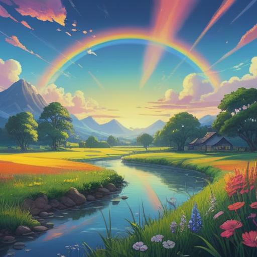 A serene dreamscape featuring a vibrant rainbow arching across a tranquil sky, lush green fields below, gentle flowing water reflecting the rainbow's colors, soft clouds providing a dreamlike ambiance, illuminated by a warm golden light, symbolic elements like doves and blossoms to enhance the spiritual message, 4k