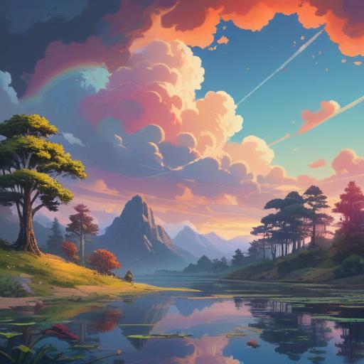 A serene and dreamy landscape, a vivid rainbow arching across the sky, gentle clouds, a tranquil lake reflecting the colors, ethereal light shining, soft flora surrounding the scene, a figure gazing in wonder, subtle spiritual symbols in the background, magical and hopeful atmosphere, 4k