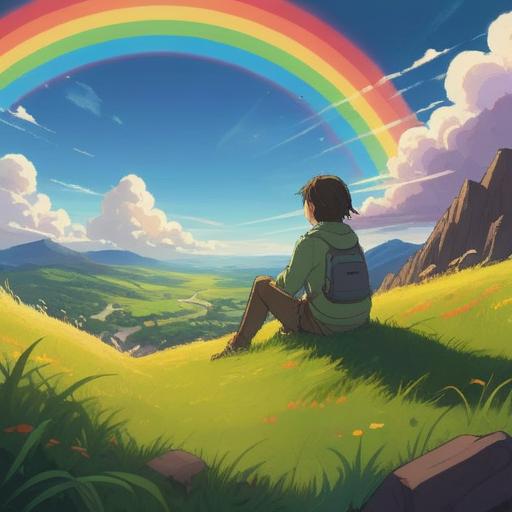 A serene illustration of a person sitting on a grassy hilltop, gazing at a vibrant rainbow stretching across the sky, feelings of hope and introspection, soft clouds drifting, gentle sunlight illuminating the scene, a dreamy atmosphere, pastel colors, emotional depth, clear peaceful setting, 4k
