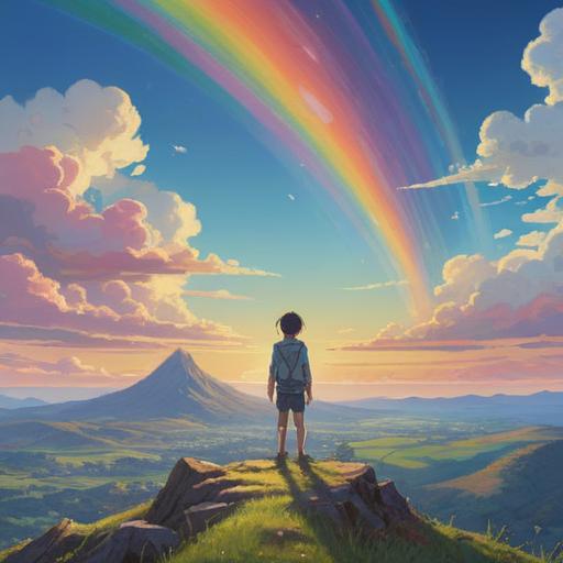 A serene landscape featuring a vivid rainbow arching across a clear blue sky, a person standing on a hilltop gazing at the rainbow with a sense of wonder, symbols of spirituality floating gently around, lush green fields below, sunlight filtering through clouds, peaceful and uplifting atmosphere, representing hope and connection to the universe, 4k