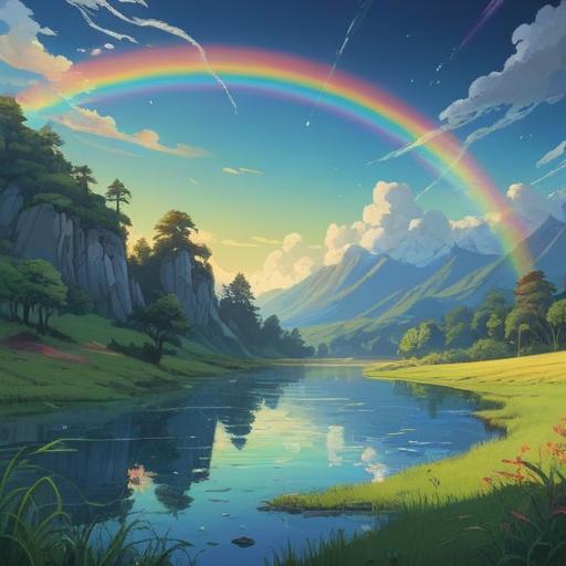 A vibrant and colorful landscape featuring a majestic rainbow arching across a clear blue sky, lush green fields below, a serene lake reflecting the rainbow, symbols of hope and positivity in the foreground, soft light creating a mystical ambiance, surrounded by gentle hills and blooming flowers, 4k