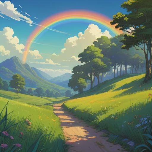 A serene landscape featuring a vibrant rainbow arching across a clear blue sky, lush green fields below, ethereal light illuminating the scene, subtle mystical symbols hidden in the clouds, a silhouette of a person gazing at the rainbow in awe, a calm and reflective atmosphere, spiritual energy emanating from the vivid colors, rich details, 4k