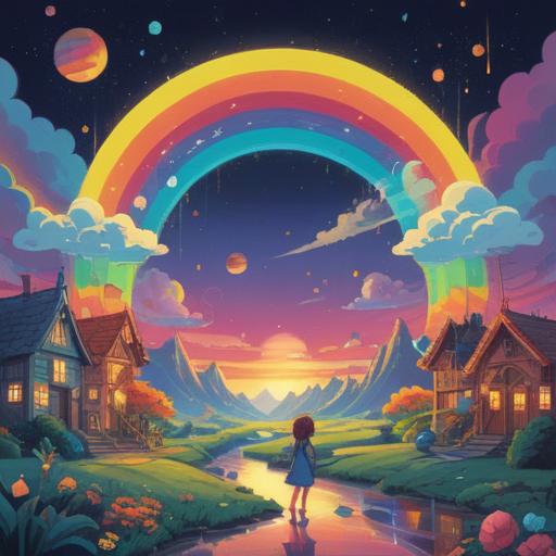 A vibrant illustration of a lucky charm featuring a rainbow, surrounded by whimsical clouds, sparkles of light, and cheerful elements, symbolizing good fortune, bright colors, inviting atmosphere, joyous character expression, detailed background of a sunny sky, 4k