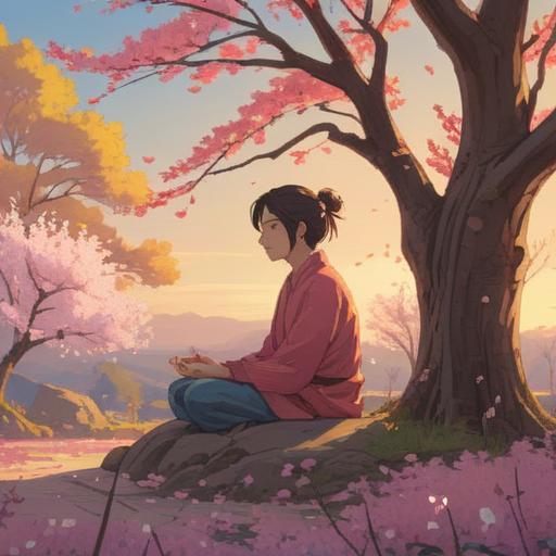 A serene scene depicting a person meditating under a blooming cherry blossom tree, warm sunlight filtering through the branches, a gentle breeze scattering petals, a peaceful expression on the person's face, symbols of luck like four-leaf clovers and lucky coins around them, vibrant colors emphasizing tranquility and positivity, 4k