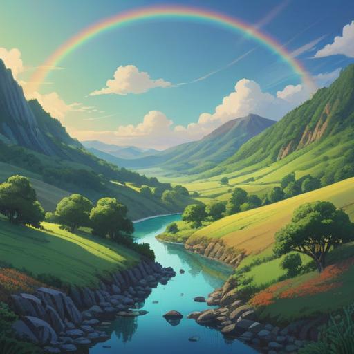 A serene landscape featuring a vibrant rainbow arching across a clear blue sky, lush green hills below, a calm river reflecting the colors of the rainbow, ethereal light illuminating the scene, people meditating in the foreground, symbolizing hope and spiritual renewal, peaceful aura, tranquil surroundings, 4k