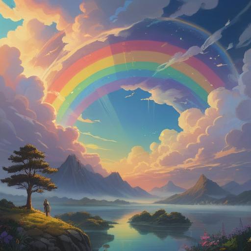 A vibrant, ethereal rainbow arching across a serene sky, symbolizing hope and positivity, delicate light rays shining through the clouds, a tranquil landscape below with lush greenery and blooming flowers, softly glowing orbs surrounding the rainbow, invoking a sense of peace and spiritual awakening, 4k