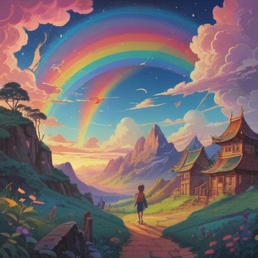 A vibrant and mystical scene featuring a rainbow arching across a serene landscape, infused with spiritual symbols subtly incorporated into the clouds, soft glowing orbs surrounding the rainbow, a tranquil lake reflecting the colorful sky, lush greenery, hints of light emanating from the earth, a sense of connection to the universe, peaceful atmosphere, 4k