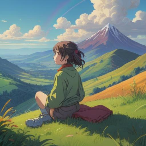 A serene landscape depicting a tranquil scene after a rainbow, soft sunlight breaking through clouds, gentle hills in the background, a person sitting peacefully in a grassy meadow, surrounded by blooming flowers, a sense of calm and reflection, warm and soothing colors, emotional healing, mindfulness atmosphere, 4k