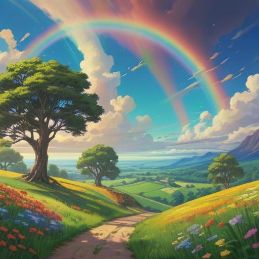 A serene landscape with two vibrant rainbows arching across the sky, symbolizing spiritual awakening and hope, lush green fields below, gentle sunlight illuminating the scene, a tranquil river reflecting the colors of the rainbows, soft clouds drifting, an ethereal atmosphere, deep emotional resonance, 4k