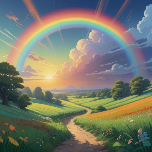 A serene landscape featuring two radiant rainbows arching across a clear blue sky, lush green fields below, symbols of hope and positivity, ethereal light illuminating the scene, a feeling of tranquility and spiritual connection, vibrant colors, inviting atmosphere, 4k