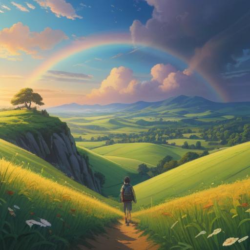 A mystical scene depicting a vibrant double rainbow arching across a serene sky, surrounded by lush green fields and gentle hills, a person standing in awe beneath the rainbows, symbolizing spiritual awakening, subtle glowing lights representing spiritual signs, soft ethereal atmosphere, harmonious colors, detailed nature elements, inviting a sense of wonder, 4k