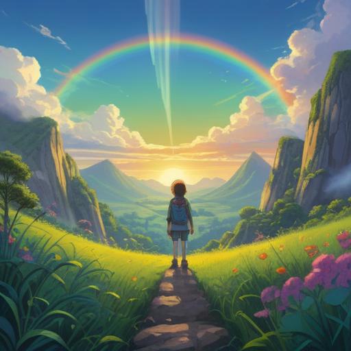 A vibrant scene featuring two rainbows arching across a clear blue sky, lush green landscape below, a person standing in awe, looking up at the rainbows, symbols of luck and fortune in the foreground, flowers blooming, birds flying, feeling of hope and positivity, bright colors, cheerful atmosphere, 4k