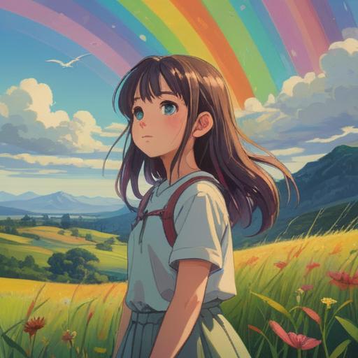A vibrant landscape featuring a rainbow arching over a serene meadow, gentle sunlight illuminating the colorful spectrum, a young girl gazing up in awe, surrounded by blooming flowers, a peaceful river flowing nearby, symbolizing hope and positivity, soft clouds drifting in the sky, capturing the essence of nature's beauty and messages of joy, 4k