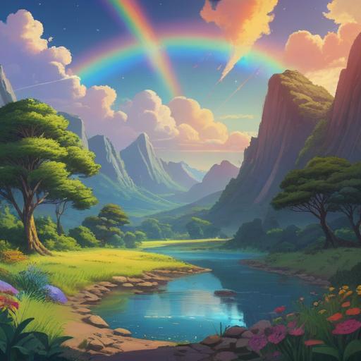 A mystical scene depicting two vibrant rainbows in a serene sky, ethereal landscape with lush greenery, a tranquil river reflecting the rainbows, soft sunlight illuminating the surroundings, spiritual symbols subtly integrated, a sense of peace and harmony, vibrant colors, 4k