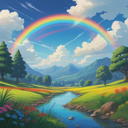 A serene landscape featuring two vibrant rainbows arching across a clear blue sky, reflecting spiritual blessings, lush green fields below, gentle sunlight illuminating the scene, peaceful atmosphere, symbols of hope and positivity, harmonious colors, detailed clouds, 4k