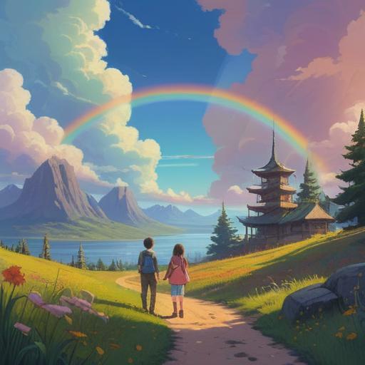 A serene landscape featuring a vibrant double rainbow arching across a clear blue sky, mystical light aura, symbols of spiritual significance subtly integrated into the scene, lush green hills, calm lake reflecting the rainbows, gentle breeze creating ripples, inviting and uplifting atmosphere, detailed natural elements, 4k