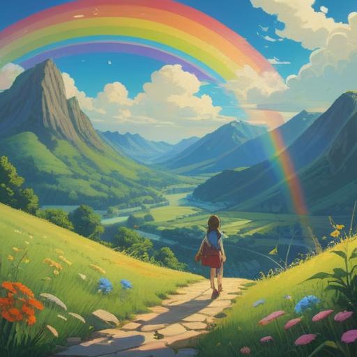 A vibrant illustration of two rainbows arching across a clear blue sky, symbolizing good fortune, surrounded by lush green hills, a shining sun casting warm light, whimsical lucky charms scattered around, such as four-leaf clovers and horseshoes, a sense of hope and positivity, colorful and bright, 4k