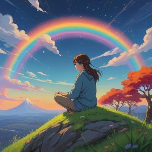 A serene landscape with a vibrant rainbow arching across a clear blue sky, subtle sparkles radiating from the rainbow, individuals meditating in the foreground, surrounded by lush green nature, symbols of luck and positivity scattered throughout the scene, harmonious and uplifting atmosphere, encouraging connection with the universe, inspiration for attracting good fortune, 4k