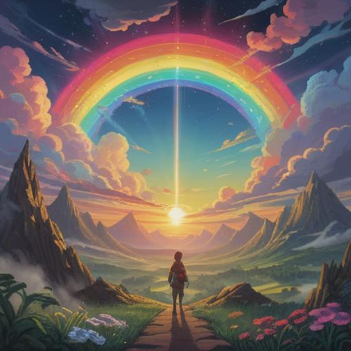 A vibrant spiritual illustration of a rainbow flare, radiating colors in a mystical sky, surrounded by ethereal clouds, symbolic representations of hope and healing, luminous light beams, serene atmosphere, gentle waves of energy, vibrant hues intermingling, enchanting scenery, 4k