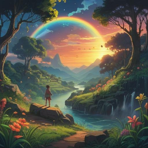 A vibrant scene featuring a radiant rainbow flaring in the sky, surrounded by lush green landscapes, an ethereal glow emanating from the rainbow, symbols of positivity and spiritual guidance, serene atmosphere, gentle sunlight reflecting off the clouds, a tranquil river flowing beneath, colorful flowers blooming, a sense of harmony and peace, 4k