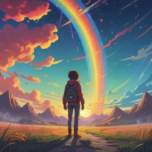 A serene landscape featuring vibrant rainbow flares in the sky, individuals gazing upwards with wonder, symbols of spirituality subtly integrated into the scenery, gentle light illuminating the surroundings, a sense of awakening and mindfulness, nature in harmony, vivid colors, peaceful atmosphere, 4k