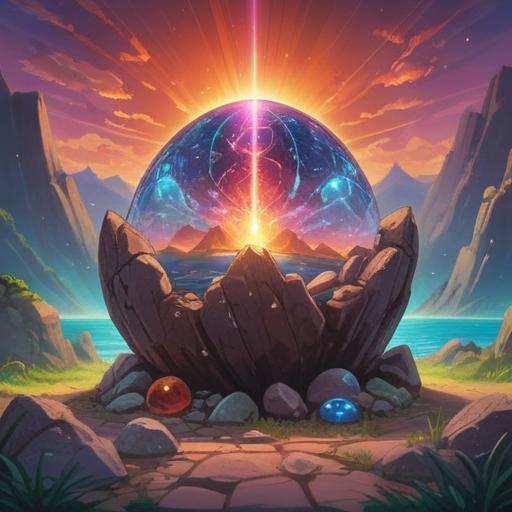 A lucky stone glowing with vibrant colors, set against a backdrop of a radiant rainbow flare, shimmering light effects surrounding the stone, a mystical forest setting, soft ethereal atmosphere, enchanting details, bright and cheerful vibes, 4k