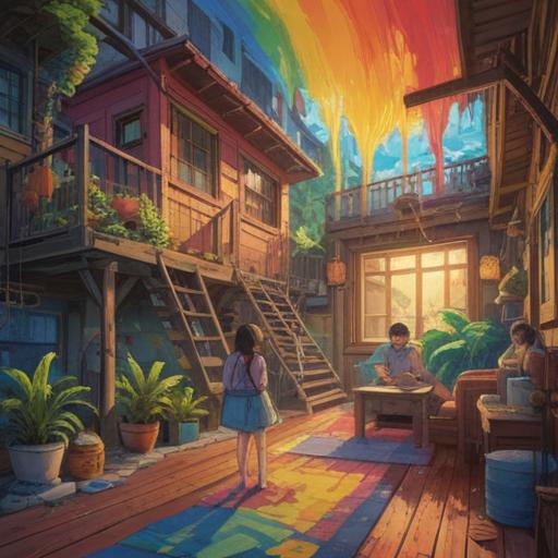 A vibrant scene showcasing a lifestyle that embraces the beauty of rainbows, colorful home decor inspired by rainbow hues, people enjoying outdoor activities under a bright sky with a rainbow arching in the background, lush greenery and blooming flowers surrounding the area, joyful expressions and harmonious interactions, overall atmosphere of positivity and inspiration, high resolution