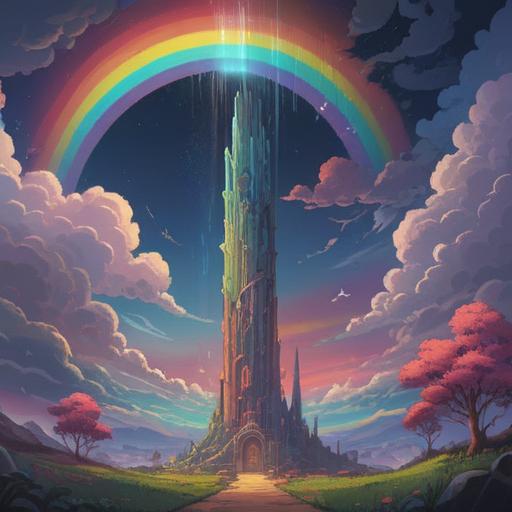 A vibrant illustration of a rainbow pillar signifying spiritual meanings, illuminated against a serene sky, surrounded by ethereal clouds, soft glimmers of light reflecting off the pillar, a tranquil landscape below featuring lush greenery and a peaceful stream, calming and uplifting atmosphere, mystical symbols subtly integrated into the design, 4k