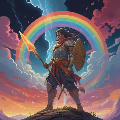 A vibrant and mystical illustration of a warrior standing beneath a rainbow, holding a glowing staff, surrounded by ethereal clouds, symbols of peace and unity in the background, soft pastel colors, spiritual energy radiating, dreamlike atmosphere, detailed character design, 4k