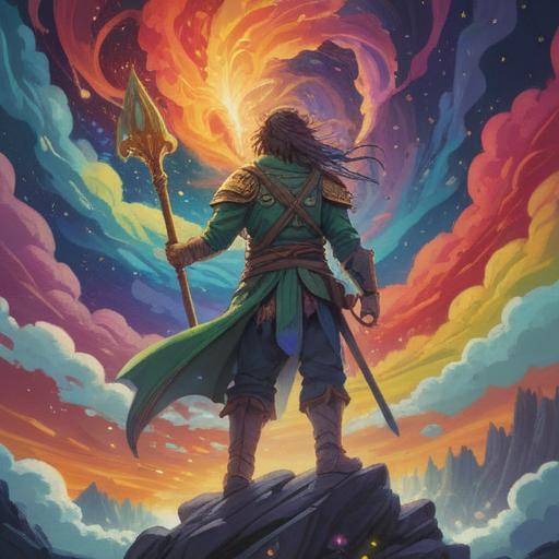 A mystical scene depicting a rainbow warrior standing tall, vibrant colors of the rainbow swirling around, ethereal light emanating from the warrior, symbols of peace and harmony in the background, nature thriving with lush greenery, a serene sky reflecting positive energy, spiritual icons subtly integrated, uplifting atmosphere, fantastical elements, 4k