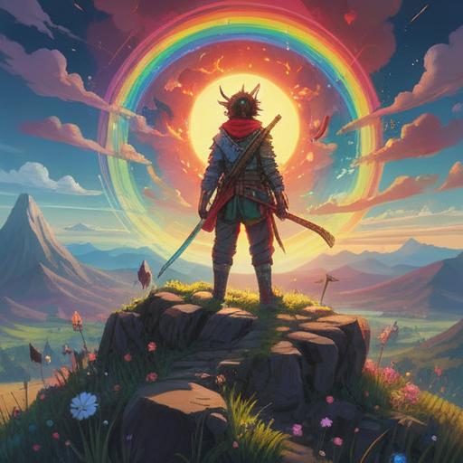 A mystical scene depicting a rainbow warrior standing atop a vibrant hill, surrounded by glowing orbs of light, ethereal symbols in the air, colorful rainbows arching across a clear blue sky, lush greenery below, a sense of tranquility and spiritual awakening, detailed character design with armor reflecting the colors of the rainbow, serene atmosphere, 4k