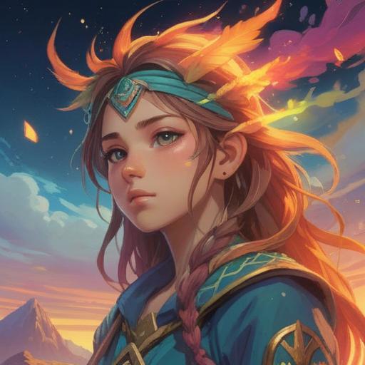 A mystical scene featuring a rainbow warrior guiding a shimmering lucky stone, vibrant colors radiating from the warrior's attire, ethereal light surrounding the stone, enchanting landscape with lush greenery and a clear blue sky, the warrior standing confidently with a gentle smile, embodying hope and positivity, detailed background with vibrant flowers and sparkling droplets, magical atmosphere, 4k