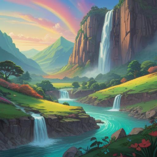 A serene landscape depicting the base of a vibrant rainbow, lush green hills, sparkling waterfall, ethereal light illuminating the scene, figures meditating in harmony with nature, mystical symbols subtly integrated into the surroundings, tranquil atmosphere, 4k