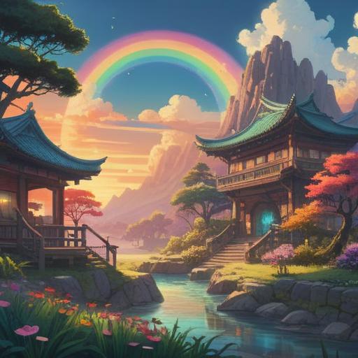 A serene landscape featuring the base of a vibrant rainbow, mystical aura, symbols of good fortune, soft sunlight illuminating the scene, lush green meadows, tranquil waters reflecting the rainbow's colors, gentle clouds, enchanting atmosphere, spiritual significance, uplifting energy, 4k