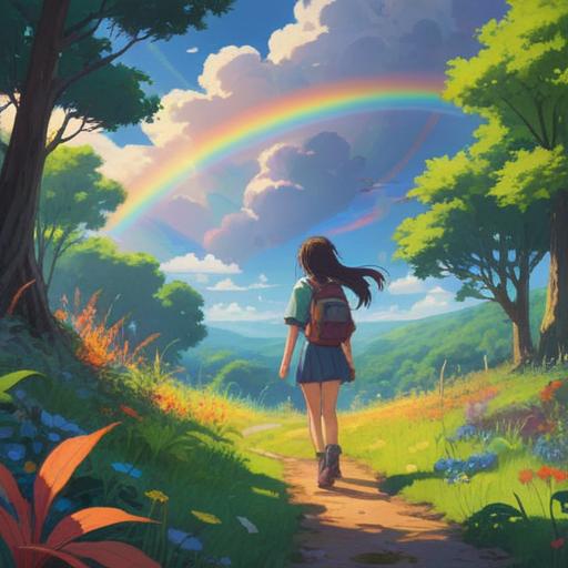 A vibrant scene depicting the moment a rainbow touches the ground, characters observing in awe, lush green nature surrounding them, ethereal light emanating from the rainbow's base, spiritual symbols subtly appearing in the air, serene expression on the observers' faces, magical atmosphere, 4k